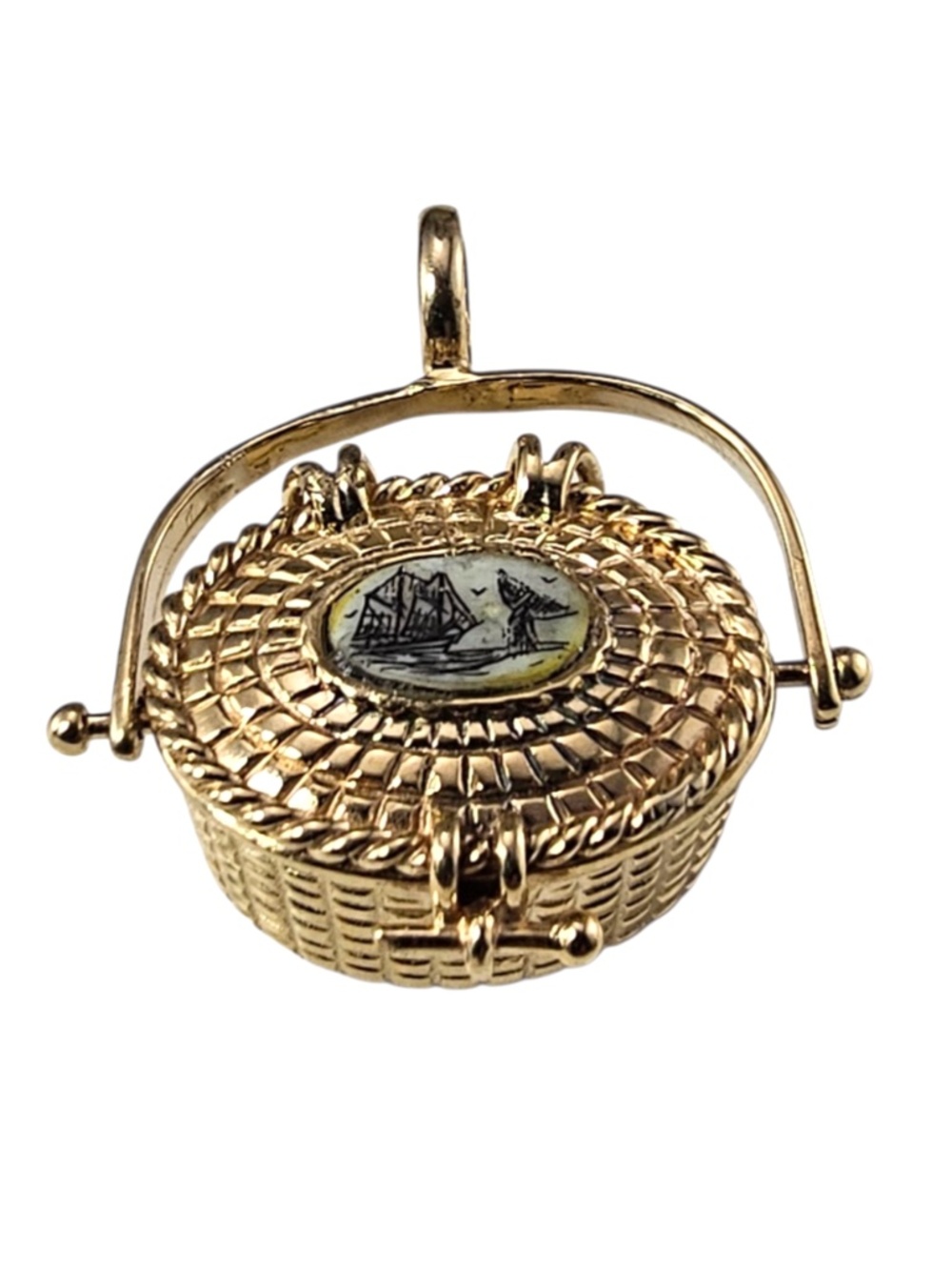 Estate Gold Basket Charm Necklace Pendant with Nautical Enamel